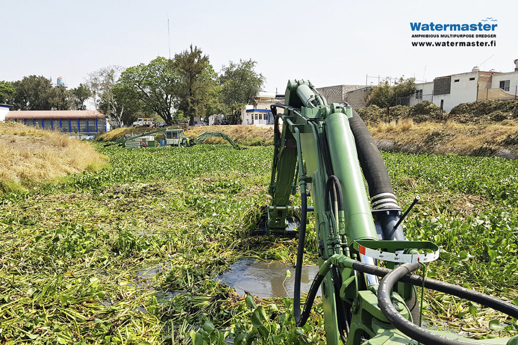 Watermasters removing invasive water hyacinth from a river to prevent floods in Mexico. Picture February 2020
