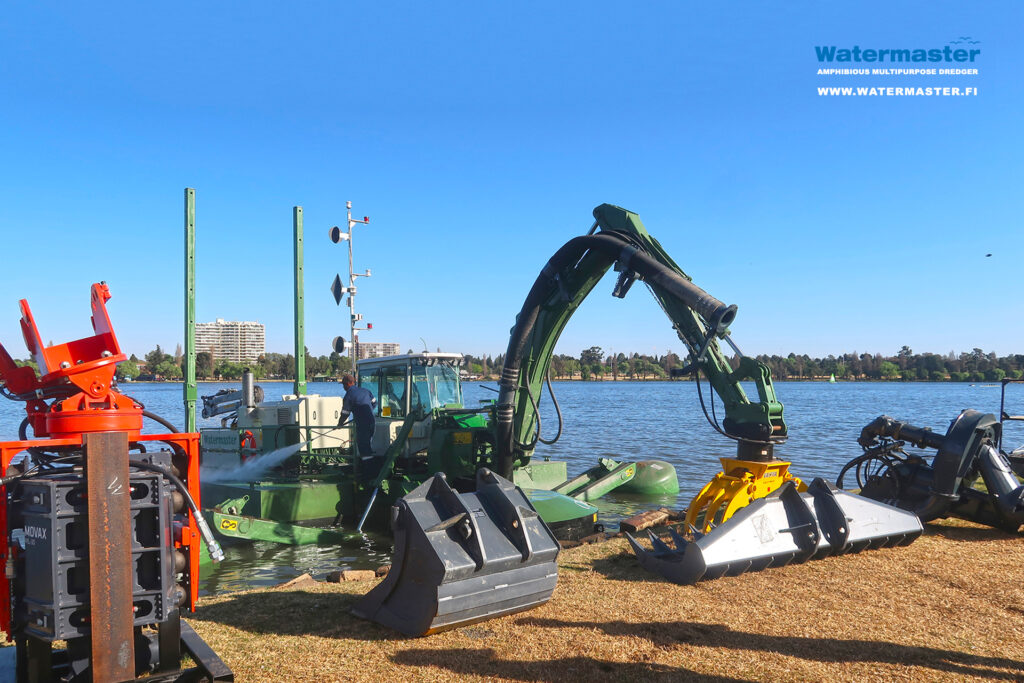 Pile driving, excavating, raking, and suction dredging - The Watermaster is ready for all shallow water work. Watermaster tools.