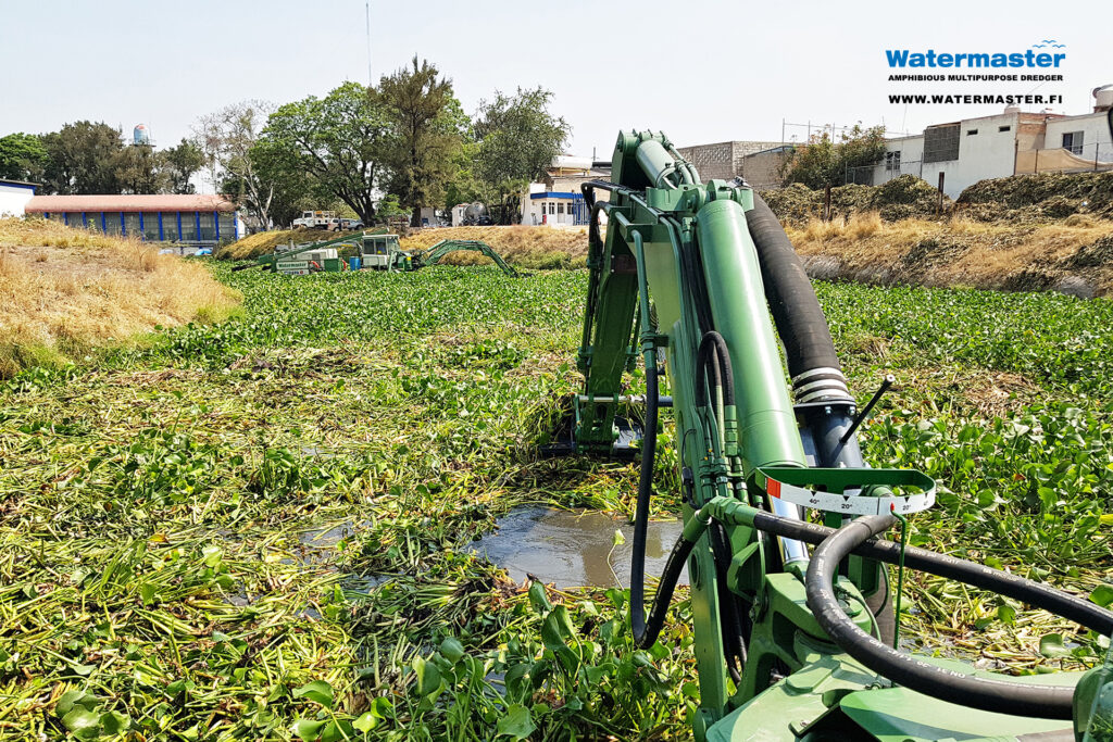 Watermasters removing invasive water hyacinth from a river to prevent floods in Mexico